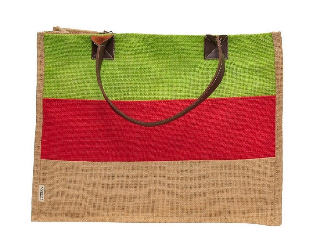 Tri-Colour Jute Tote Bag with Leather Handles
