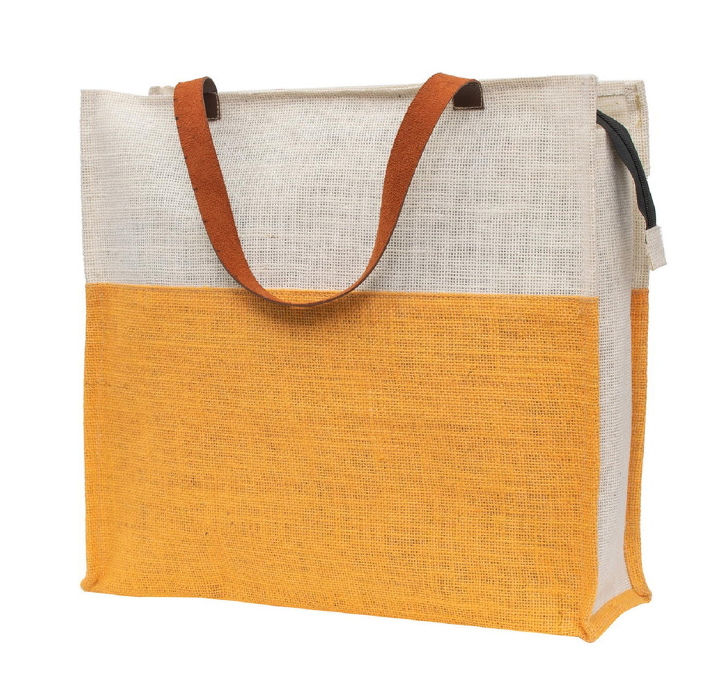 Two-Tone Jute Tote Bag with Leather Handle