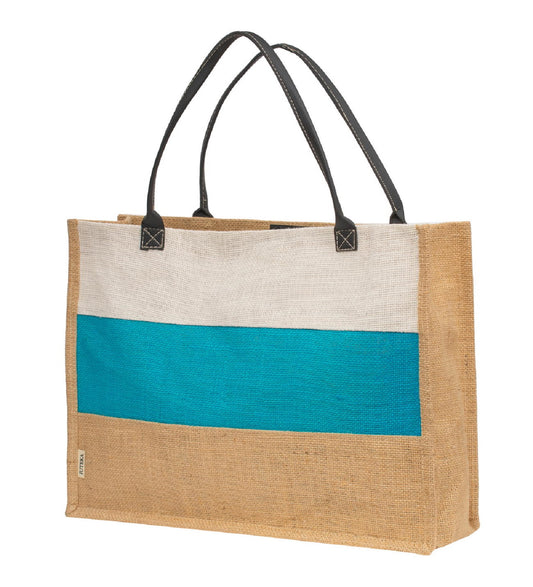 Elegant Tri-Tone Jute Tote Bag with Leather Handles