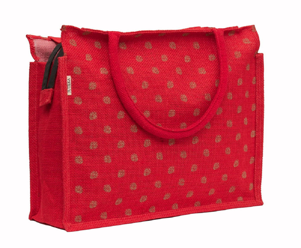 Elegant Red Polka Dot Jute Tote Bag