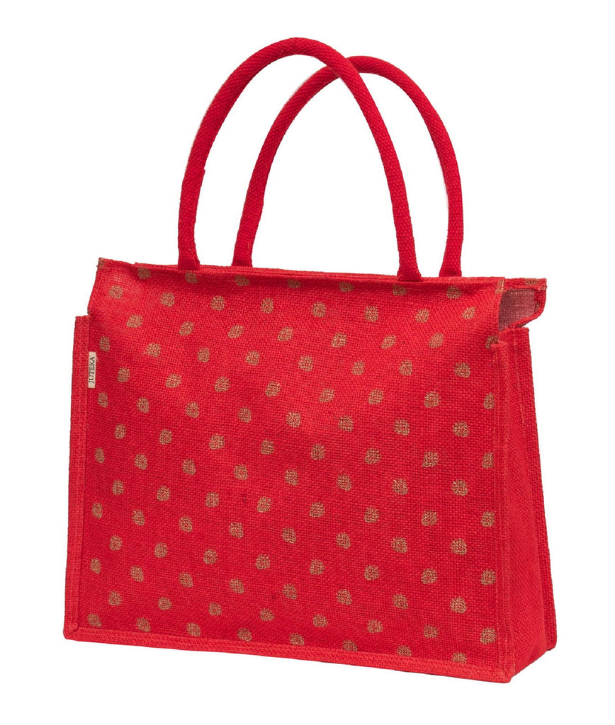 Elegant Red Polka Dot Jute Tote Bag