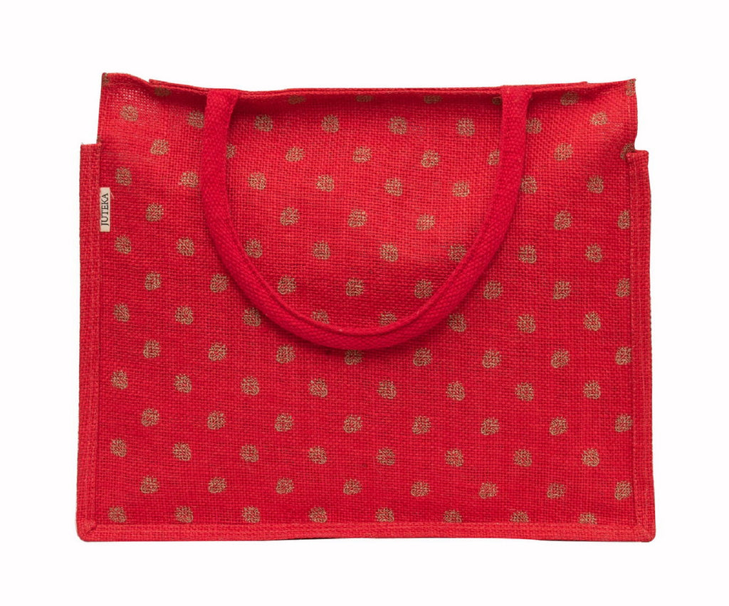 Elegant Red Polka Dot Jute Tote Bag