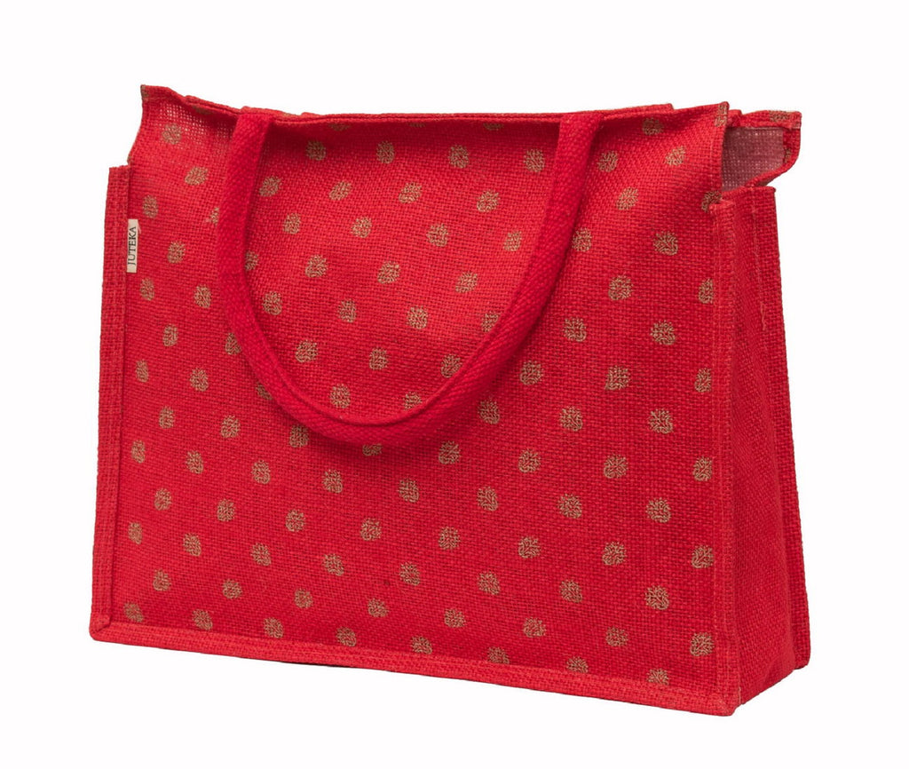 Elegant Red Polka Dot Jute Tote Bag