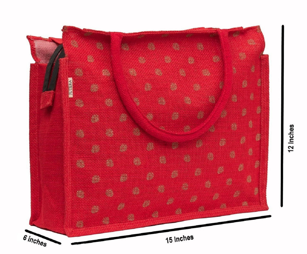 Elegant Red Polka Dot Jute Tote Bag
