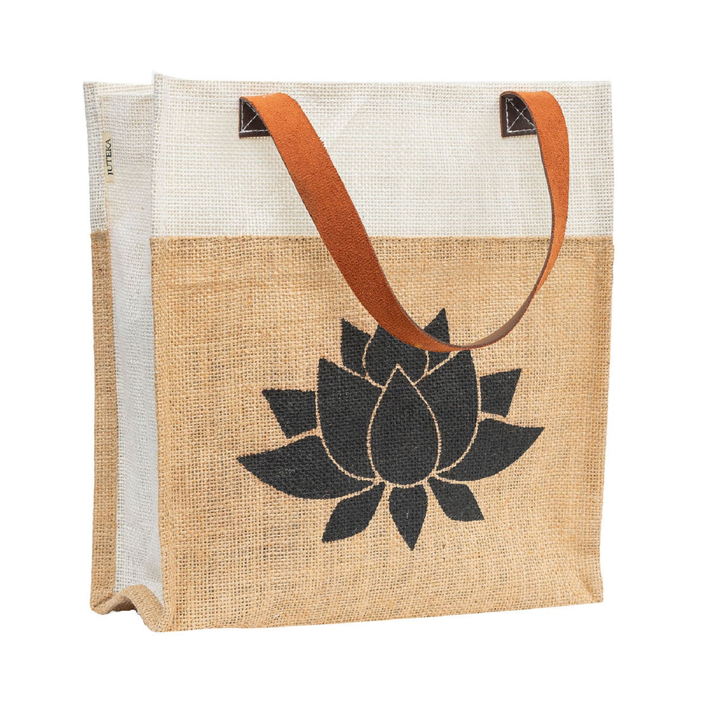 Green Jute Tote with Lotus Print
