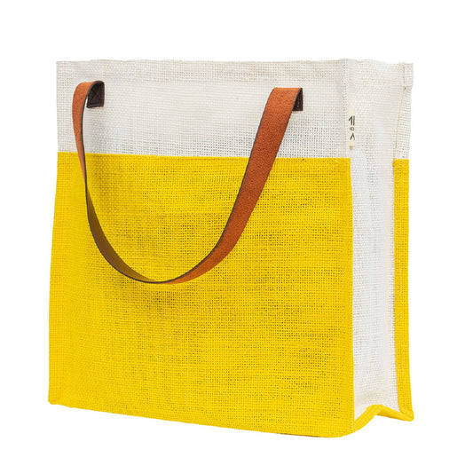 Yellow & White Jute Tote Bag with Leather Handles