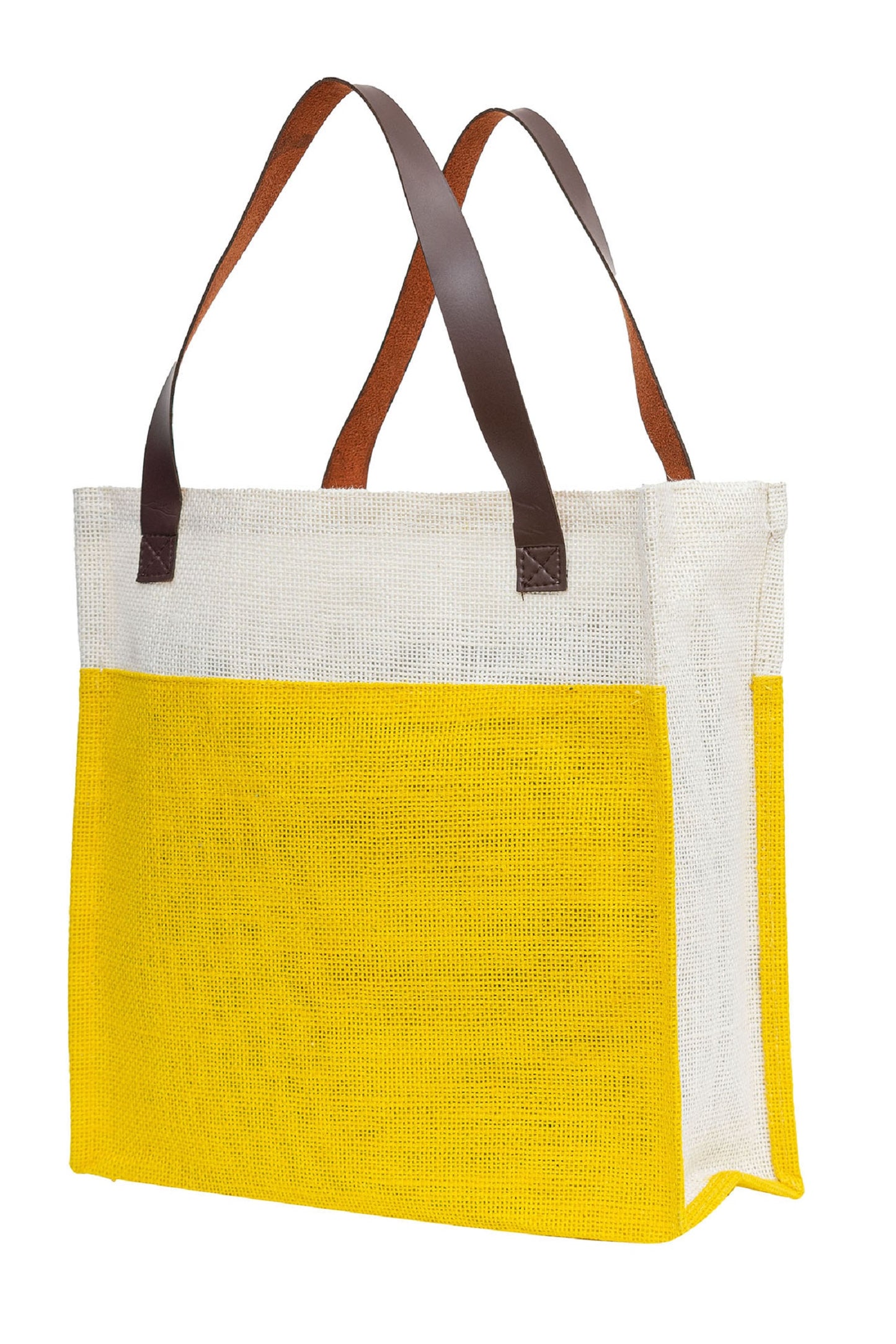 Yellow & White Jute Tote Bag with Leather Handles
