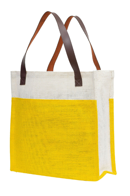 Yellow & White Jute Tote Bag with Leather Handles