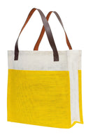 Yellow & White Jute Tote Bag with Leather Handles