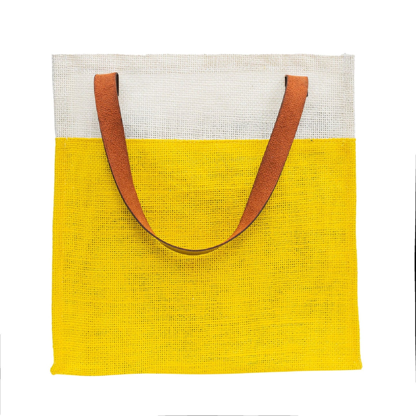 Yellow & White Jute Tote Bag with Leather Handles