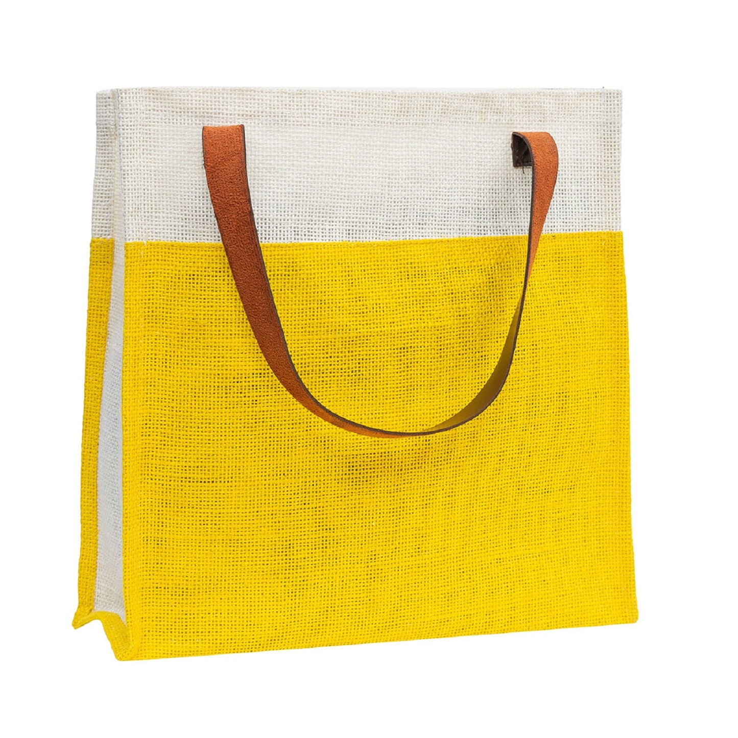 Yellow & White Jute Tote Bag with Leather Handles