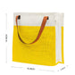 Yellow & White Jute Tote Bag with Leather Handles