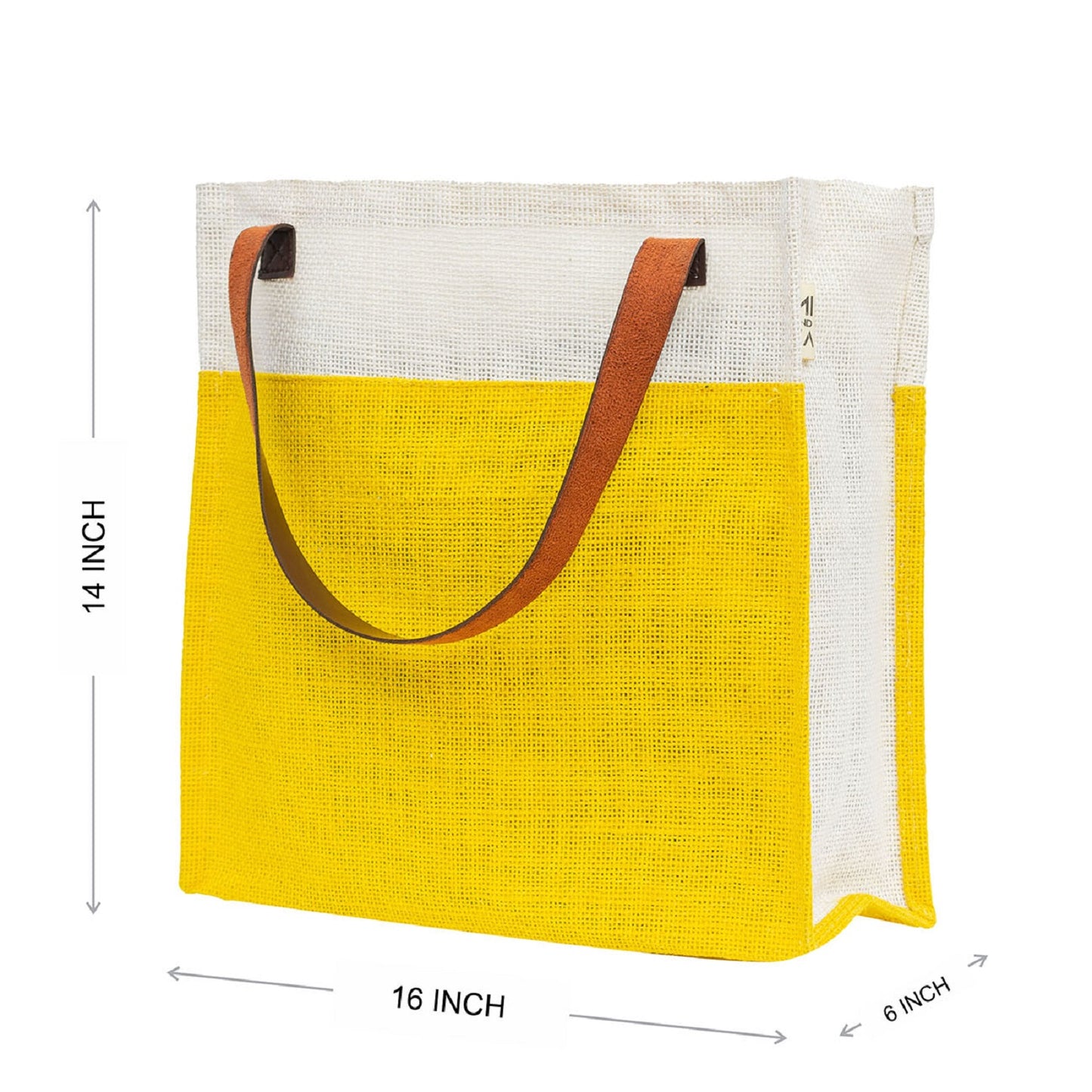 Yellow & White Jute Tote Bag with Leather Handles