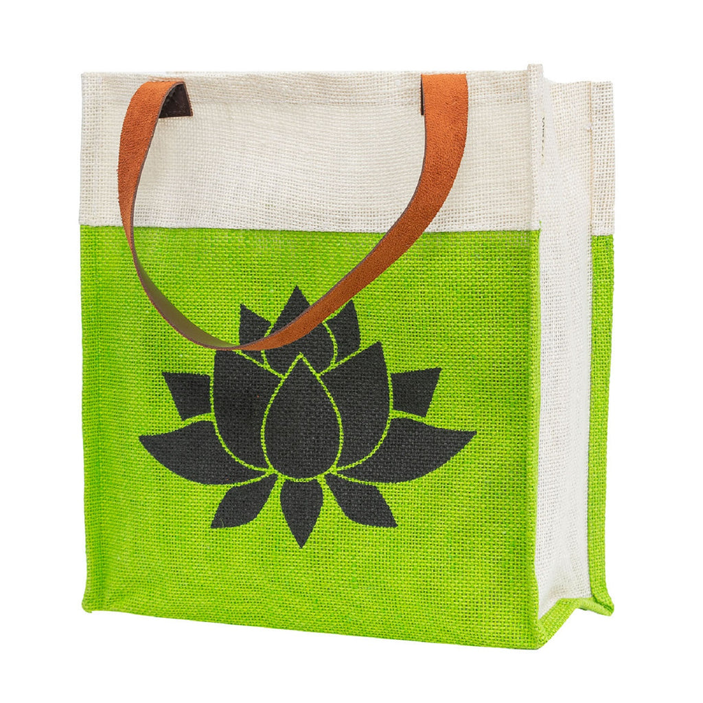 Green Jute Tote with Lotus Print