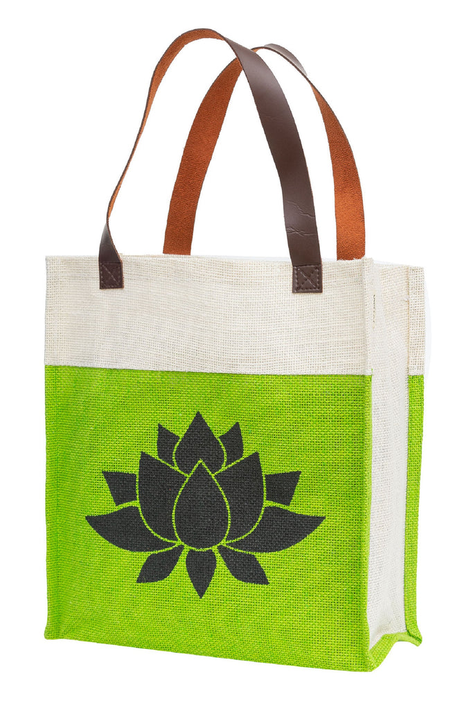 Green Jute Tote with Lotus Print