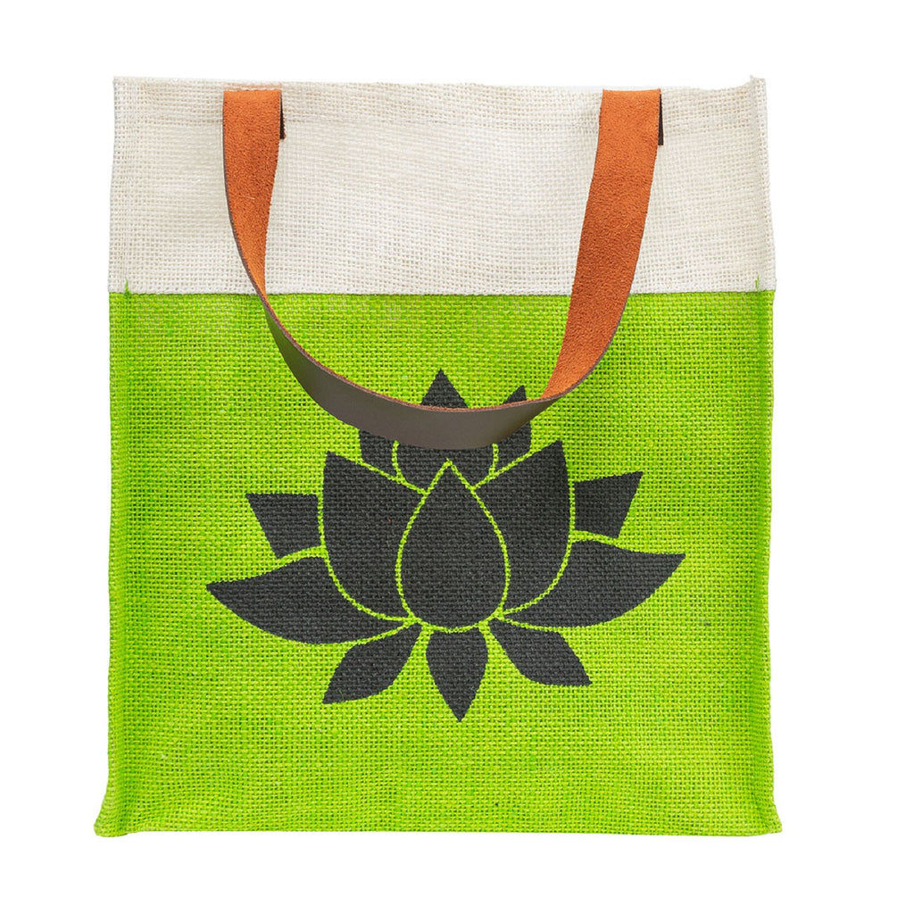 Green Jute Tote with Lotus Print