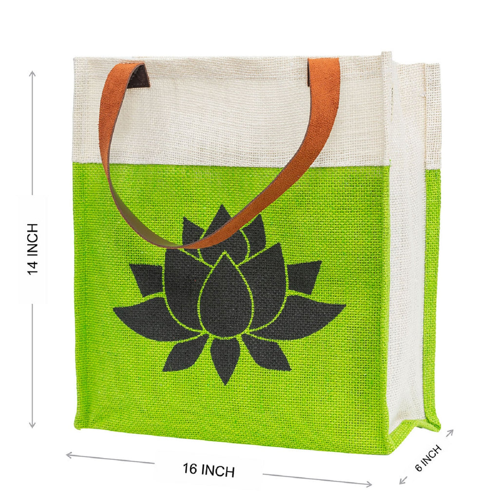 Green Jute Tote with Lotus Print