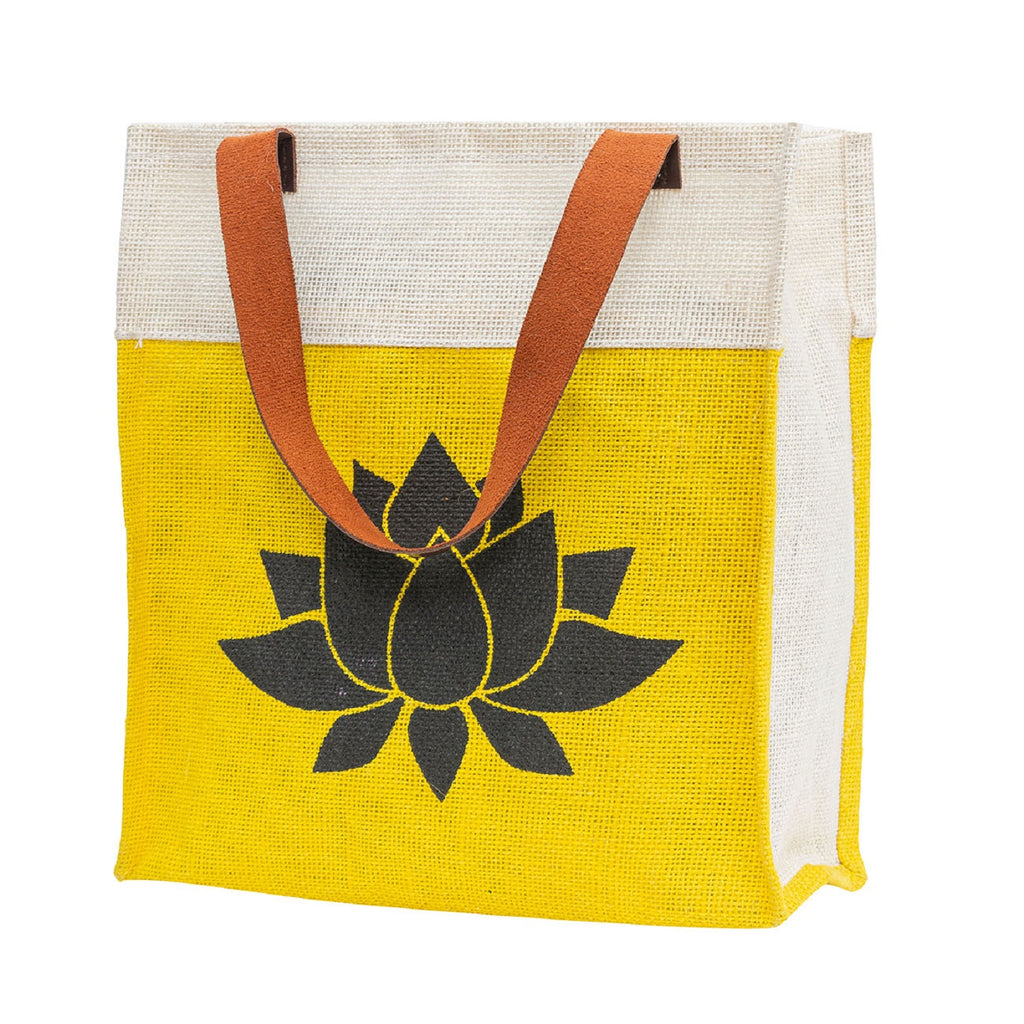 Green Jute Tote with Lotus Print