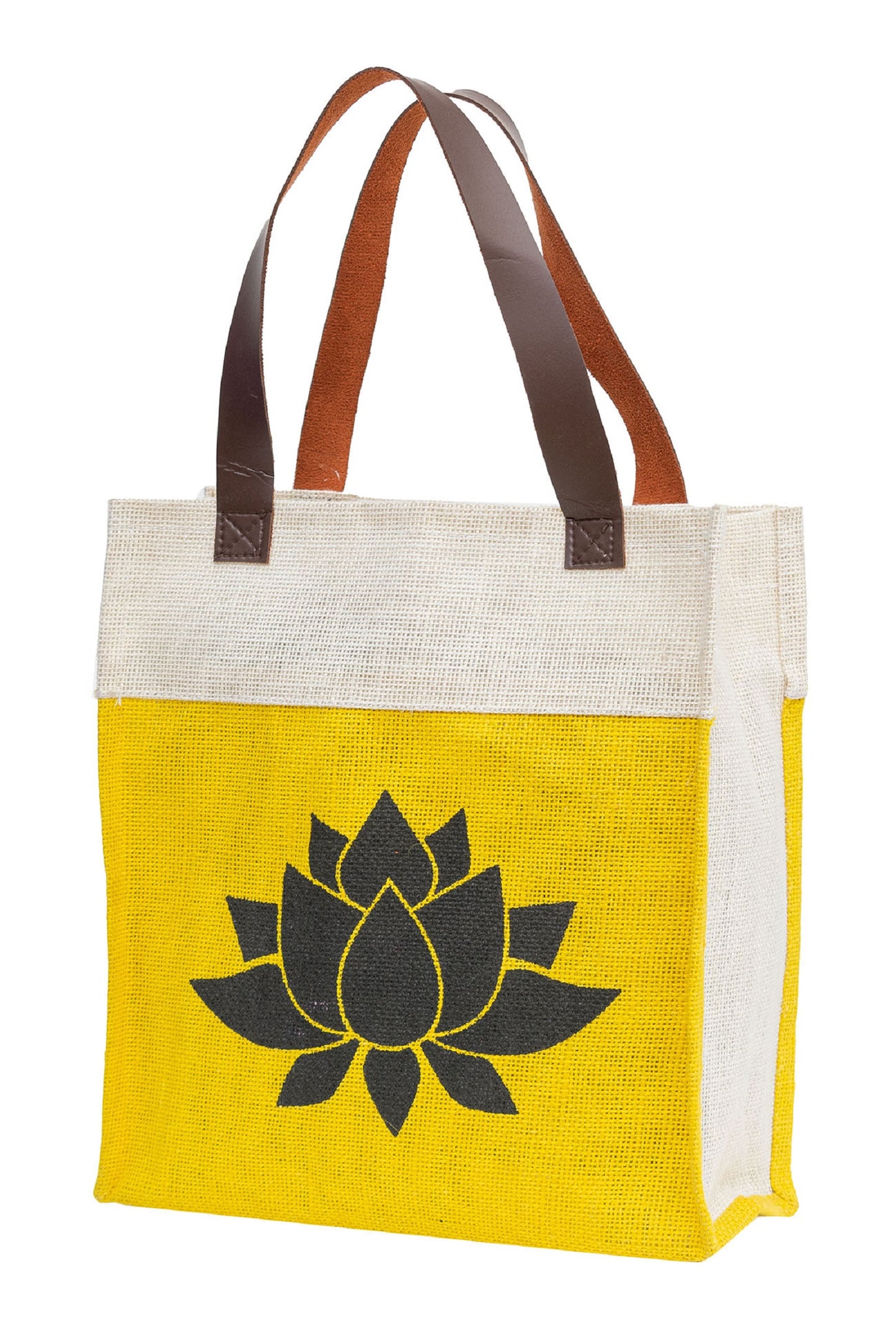 Vibrant Yellow Jute Tote Bag with Lotus Print