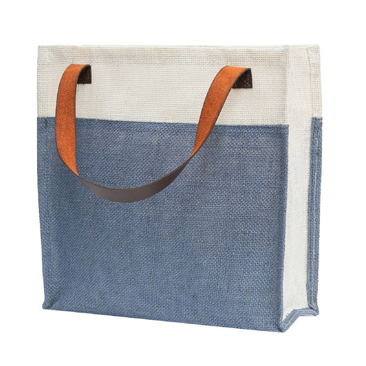 Two-Tone Jute Tote Bag with Leather Handle