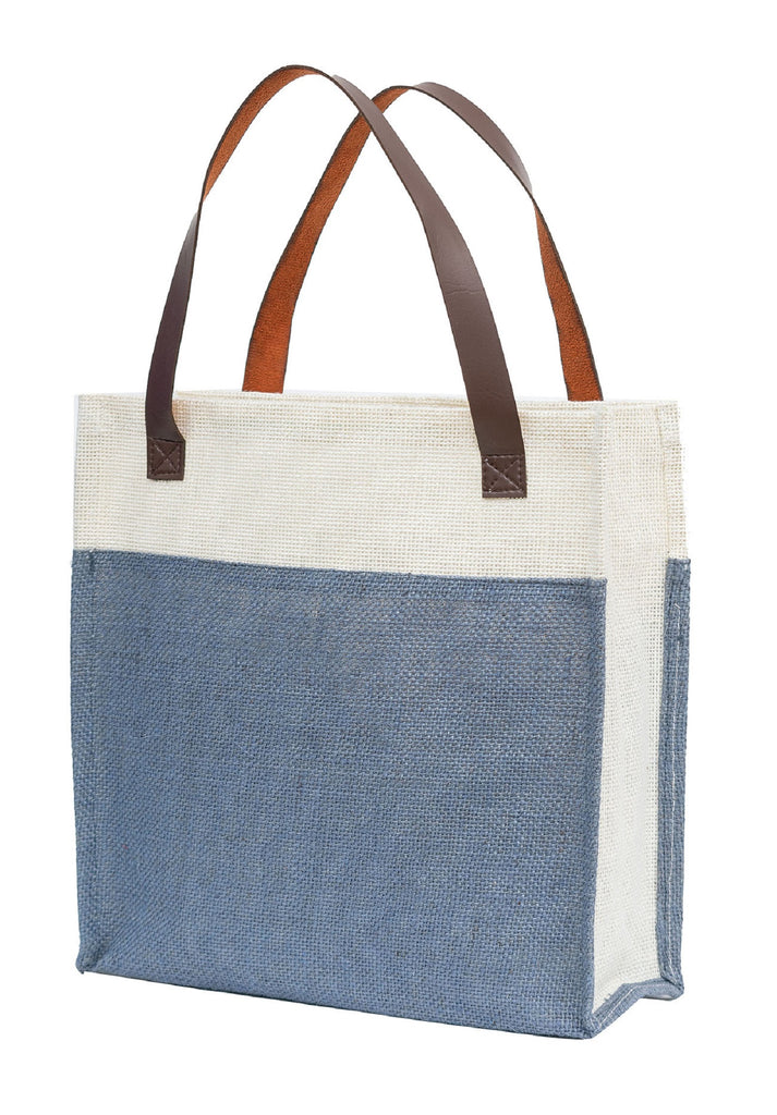 Yellow & White Jute Tote Bag with Leather Handles