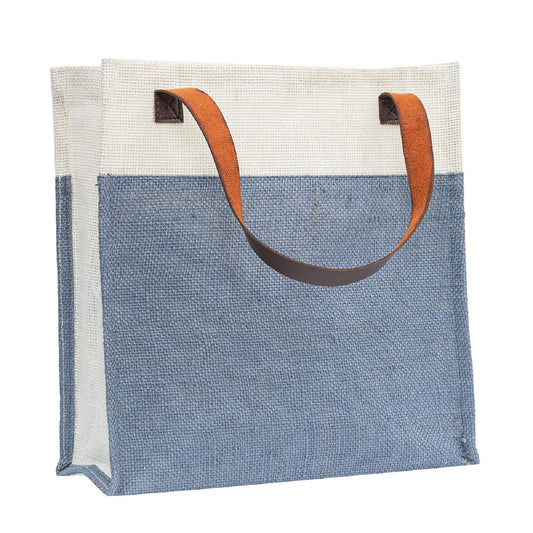 Two-Tone Jute Tote Bag with Leather Handle