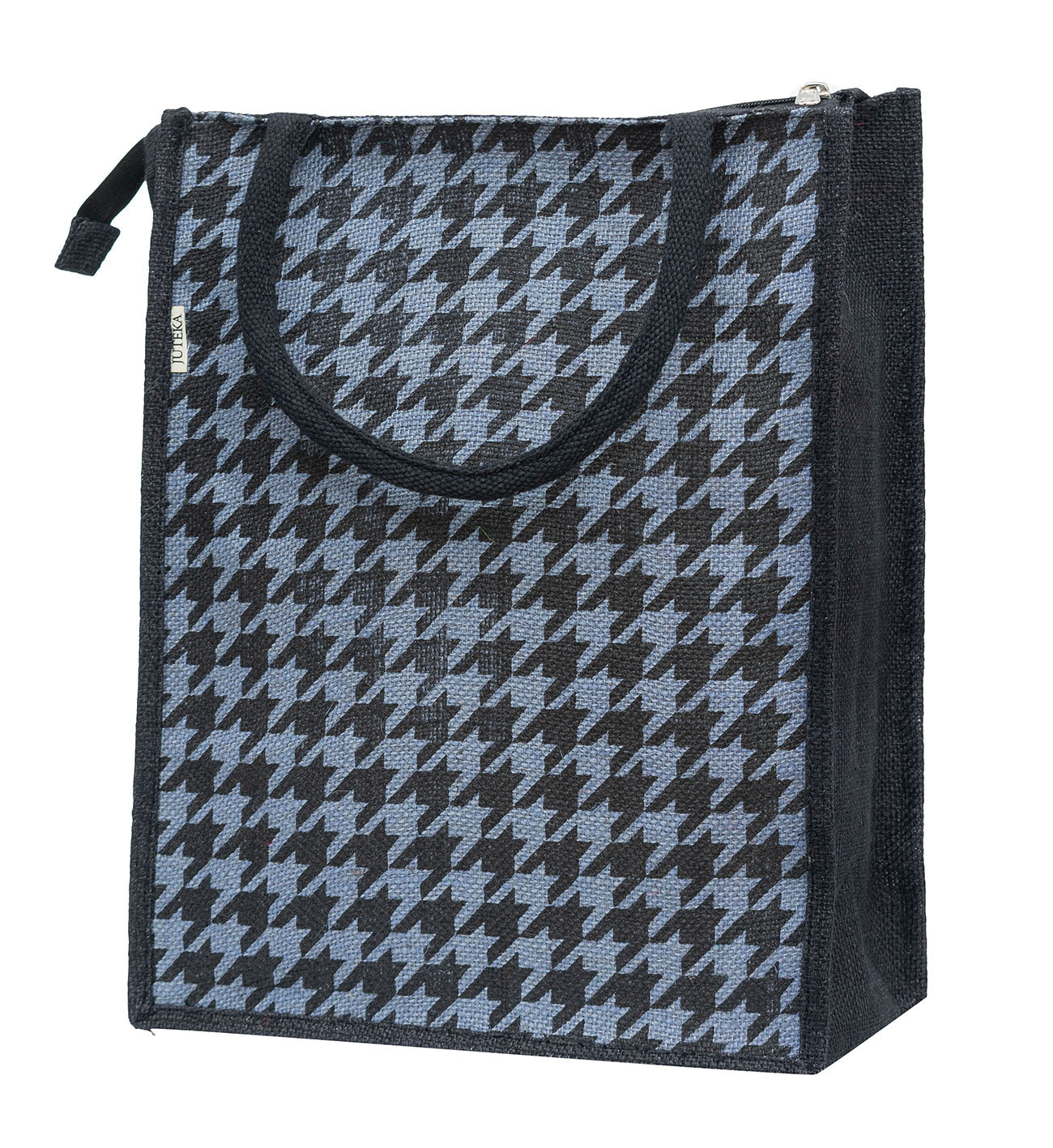 Houndstooth Jute Tote Bag with Zipper Closure