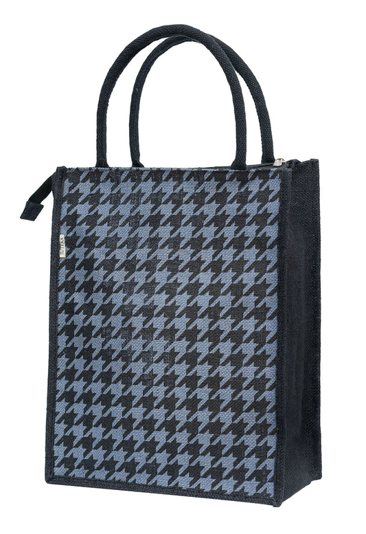 Houndstooth Jute Tote Bag with Zipper Closure