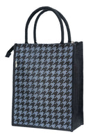 Houndstooth Jute Tote Bag with Zipper Closure