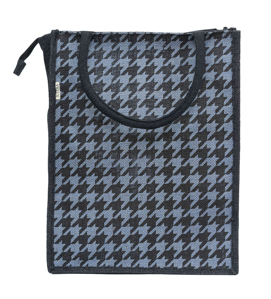 Houndstooth Jute Tote Bag with Zipper Closure