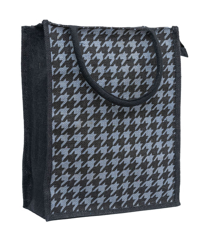 Houndstooth Jute Tote Bag with Zipper Closure