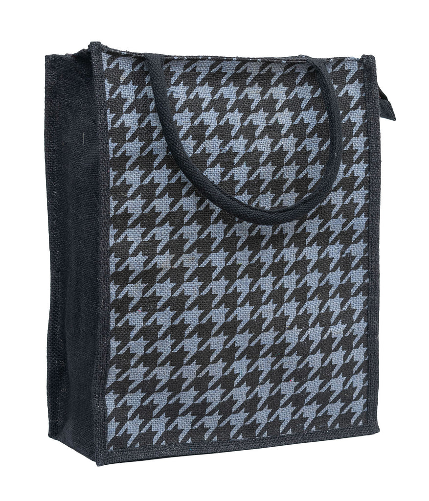 Houndstooth Jute Tote Bag - Chic Yellow & Black