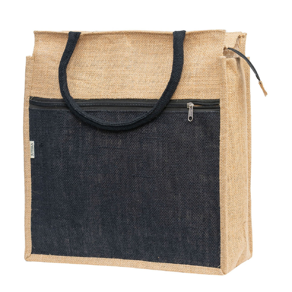 Jute Tote Bag with White Zipper Pocket