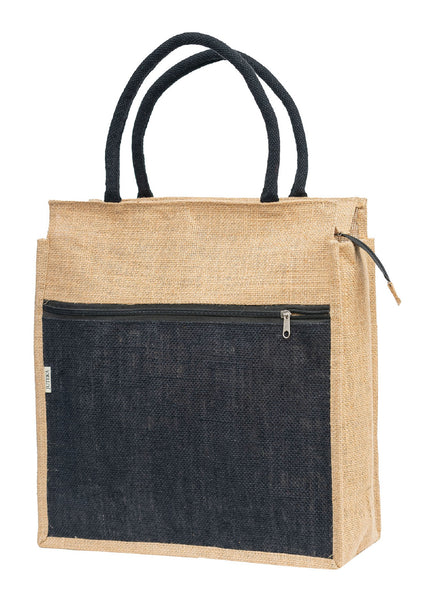 Jute Tote Bag with White Zipper Pocket