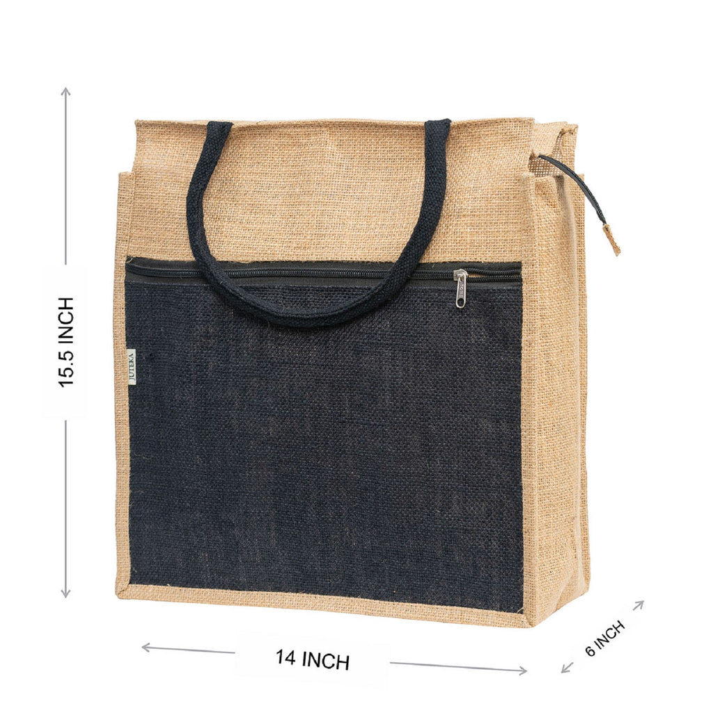 Jute Tote Bag with White Zipper Pocket