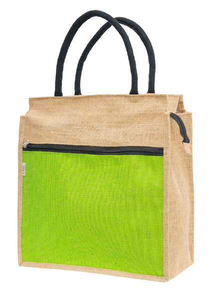 Jute Tote Bag with White Zipper Pocket