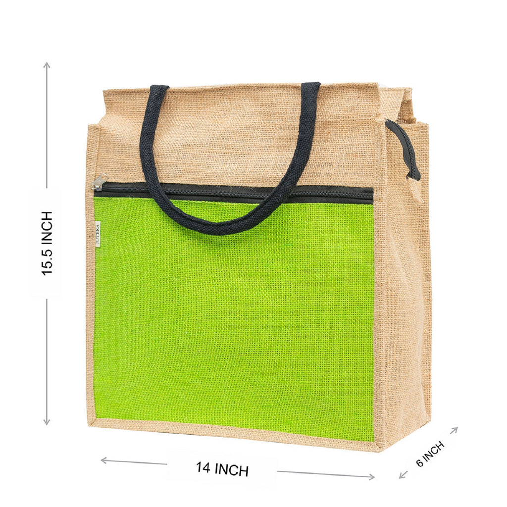Jute Tote Bag with White Zipper Pocket