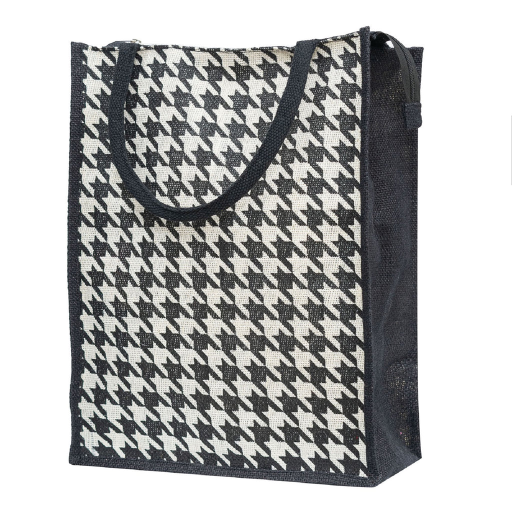 Houndstooth Jute Tote Bag - Chic Yellow & Black