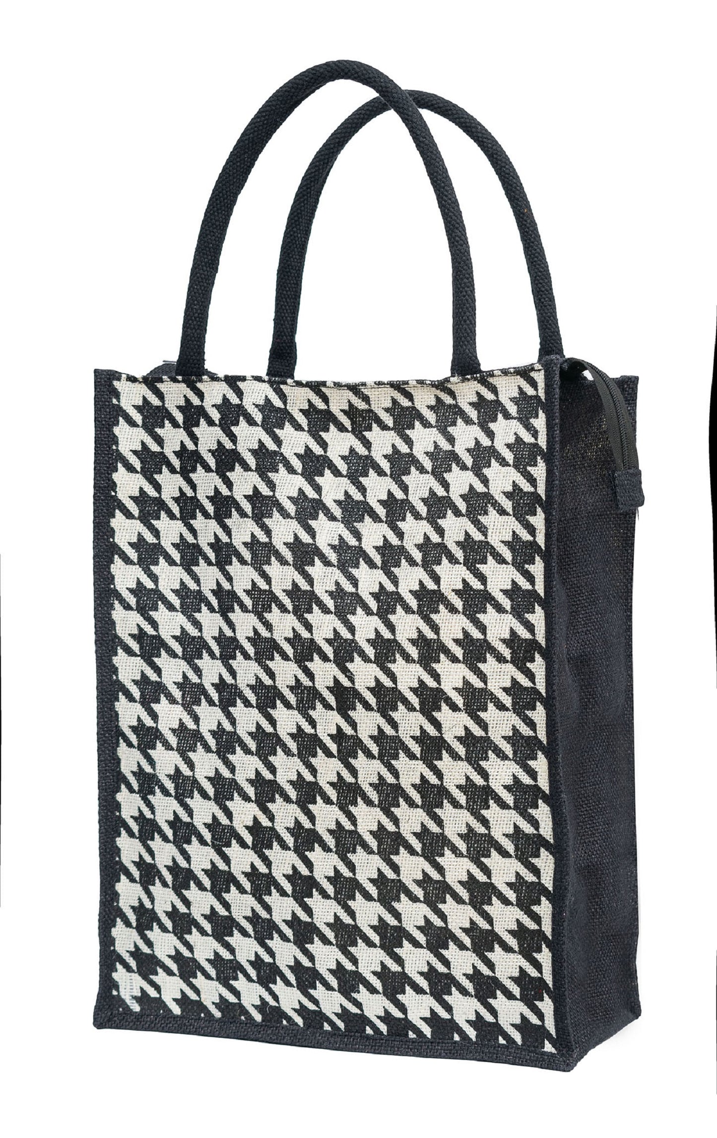 Houndstooth Jute Tote Bag – Black & White