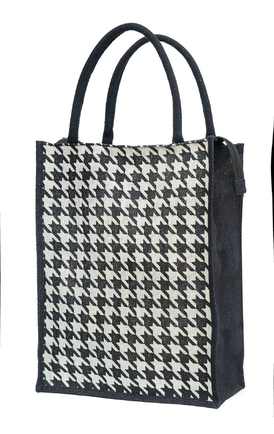 Houndstooth Jute Tote Bag – Black & White