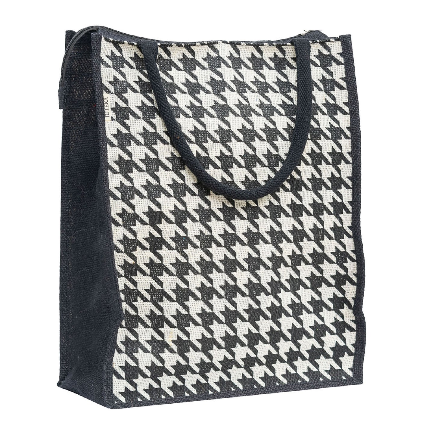 Houndstooth Jute Tote Bag – Black & White