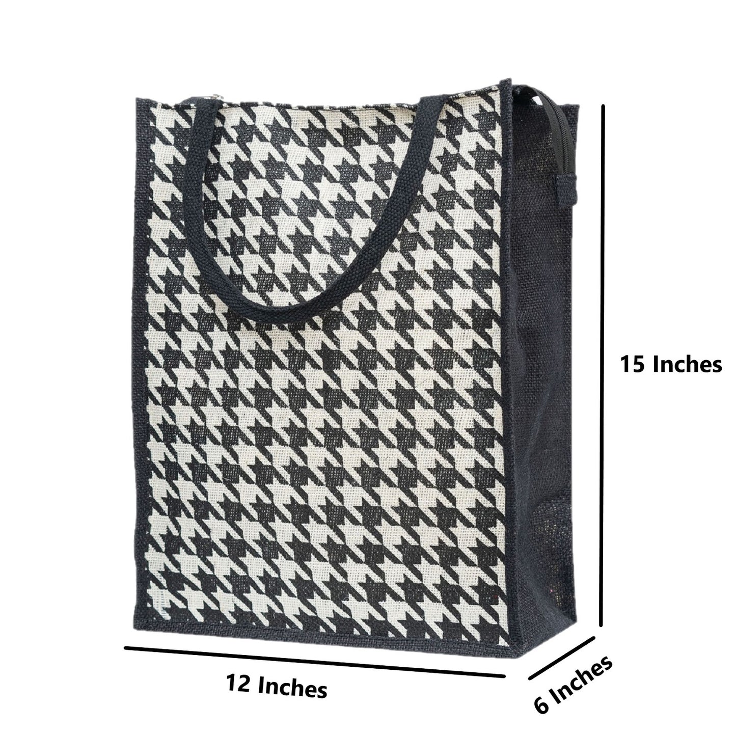 Houndstooth Jute Tote Bag – Black & White