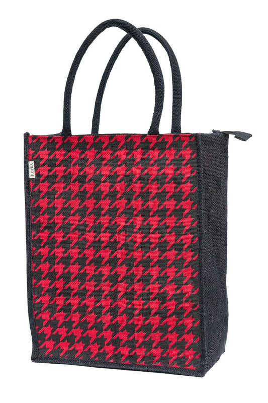 Houndstooth Jute Tote Bag - Bold Red & Black