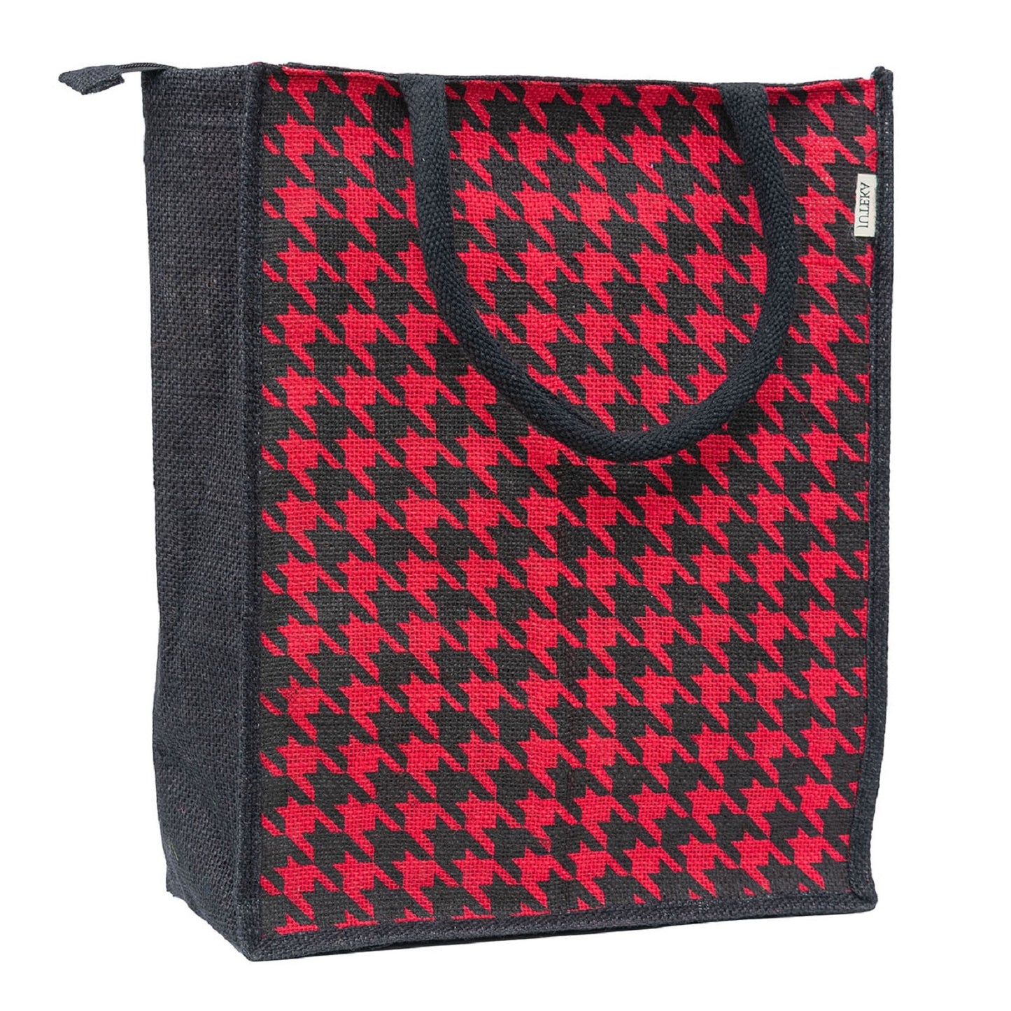 Houndstooth Jute Tote Bag - Chic Yellow & Black
