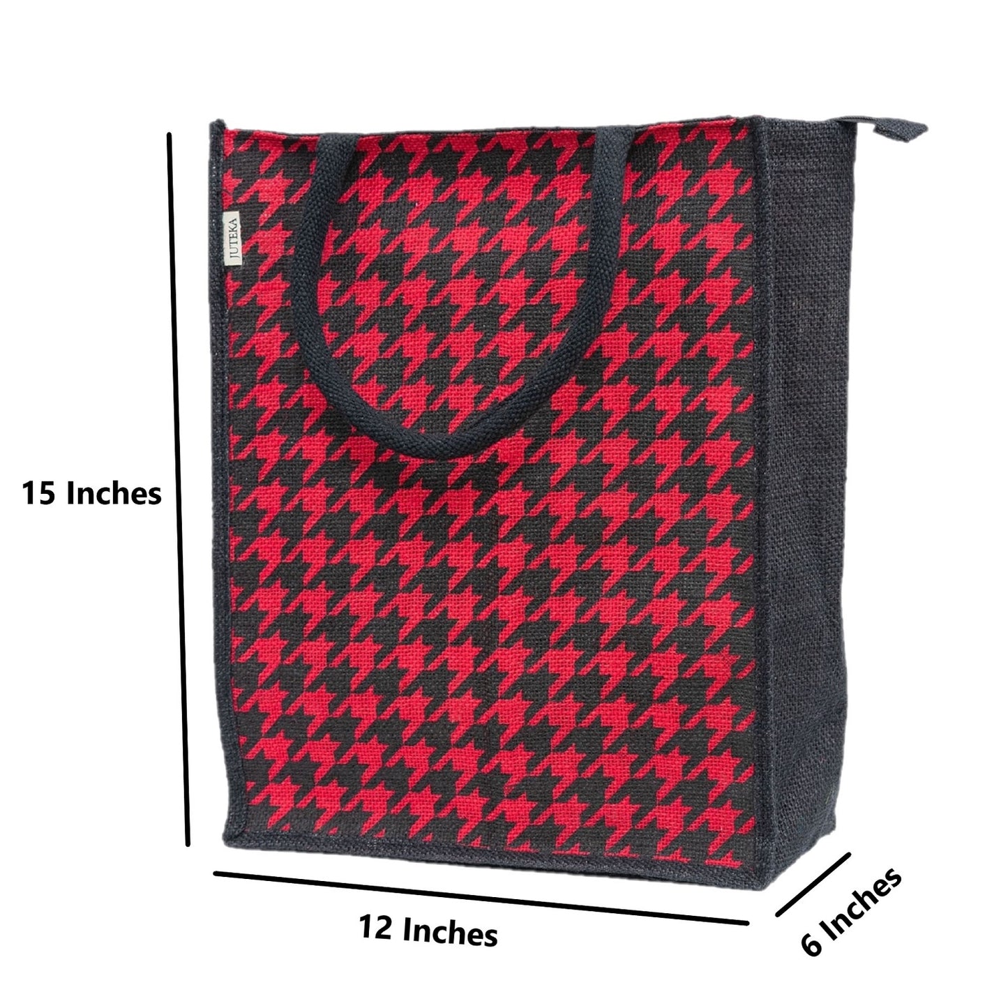 Houndstooth Jute Tote Bag - Bold Red & Black