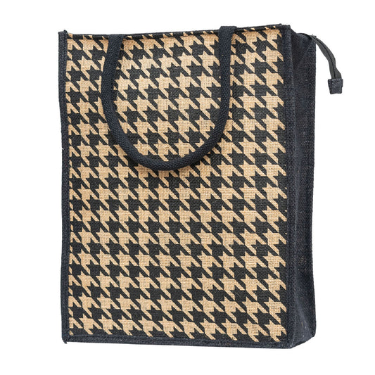 Houndstooth Jute Tote Bag - Black & Beige