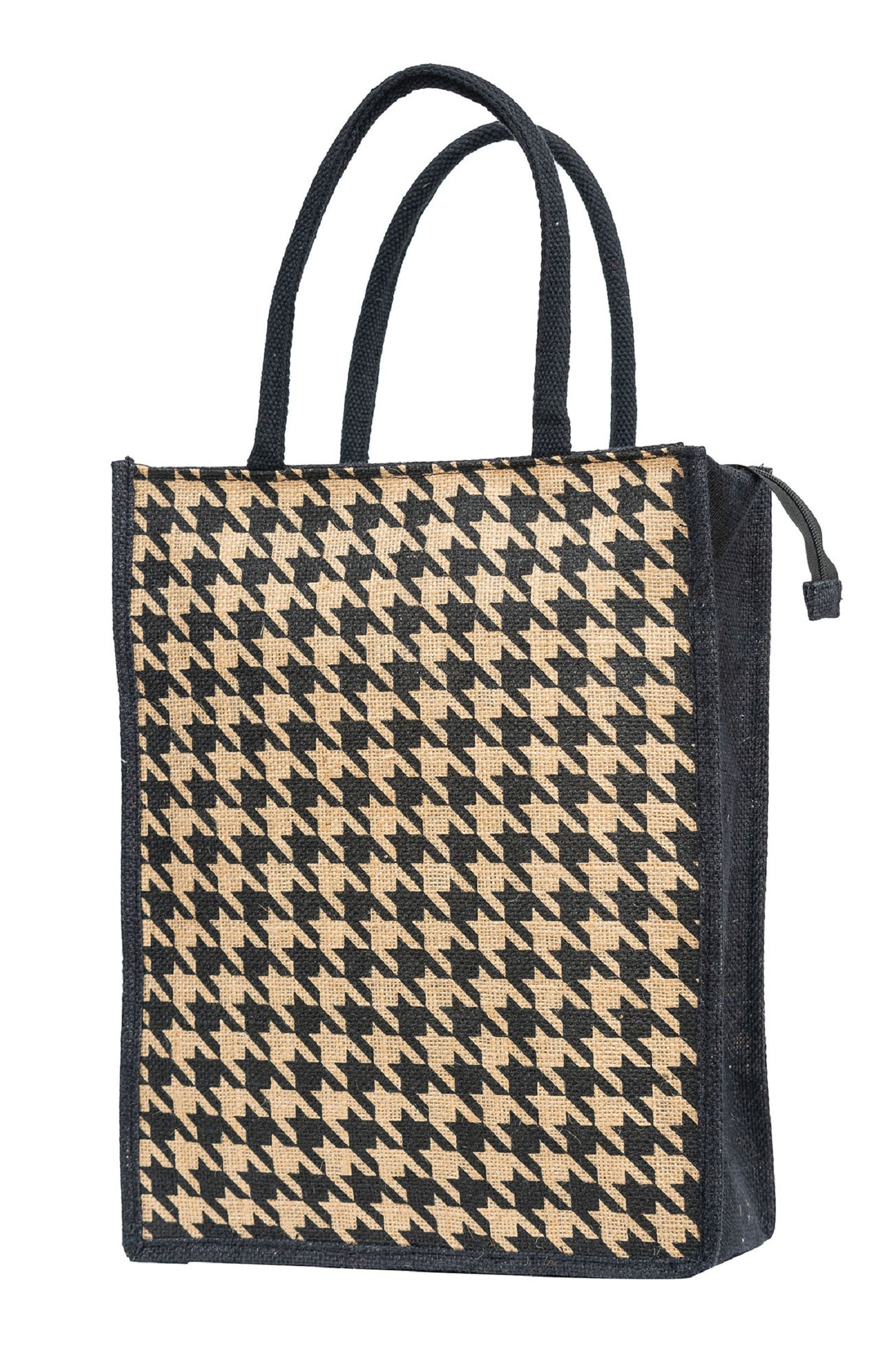 Houndstooth Jute Tote Bag - Black & Beige