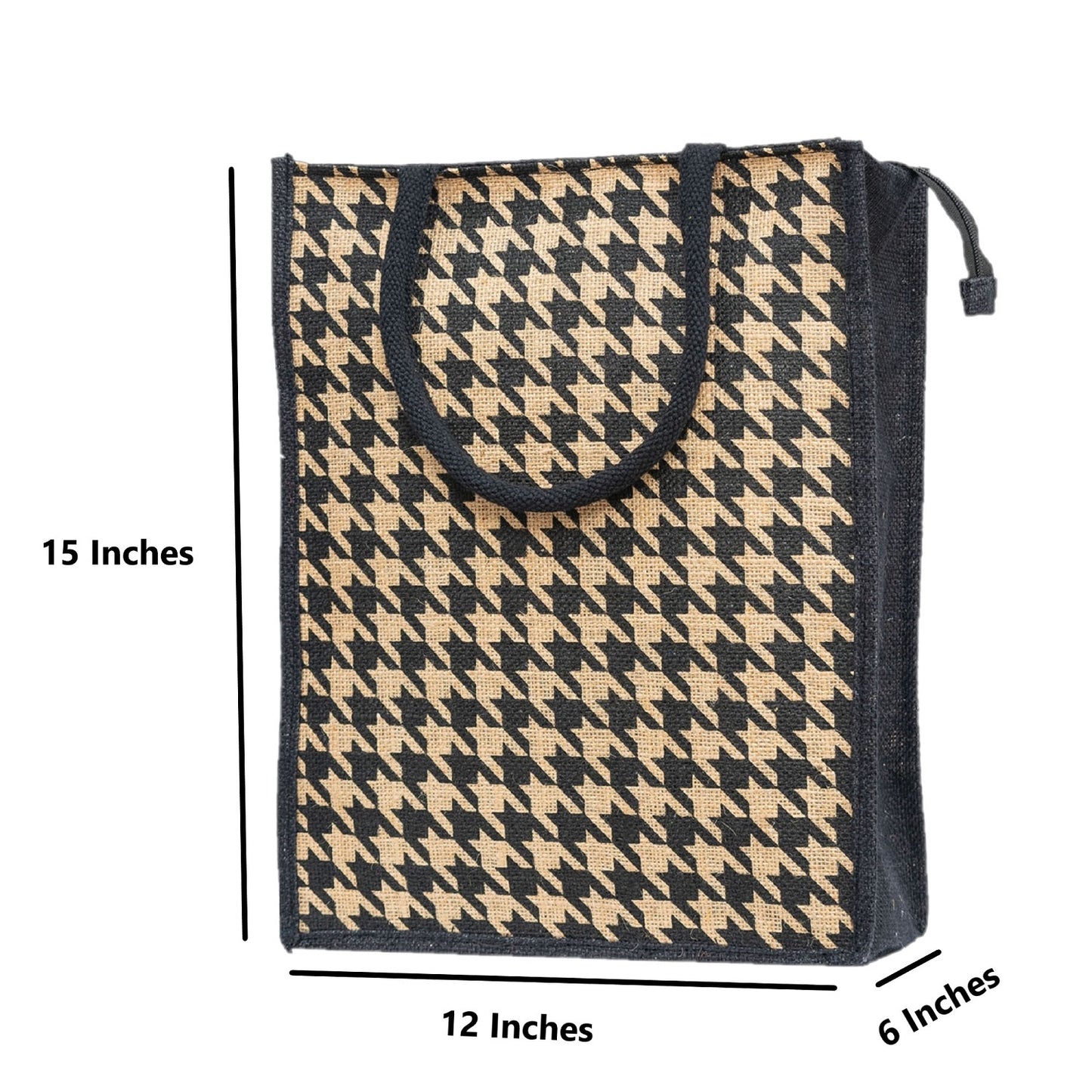 Houndstooth Jute Tote Bag - Black & Beige
