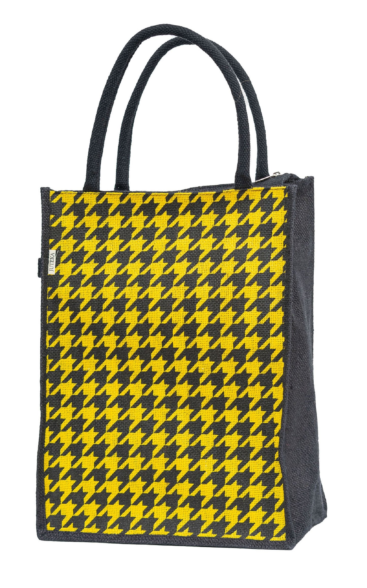 Houndstooth Jute Tote Bag - Bold Yellow & Black