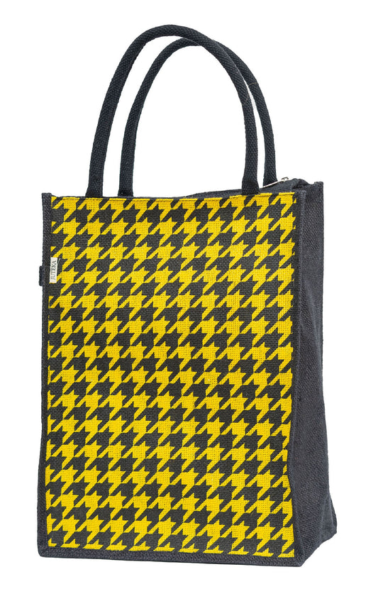 Houndstooth Jute Tote Bag - Bold Yellow & Black